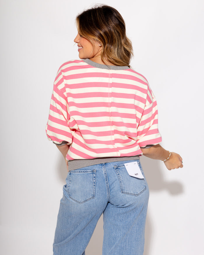Striped Bubble Sleeve Top in Pink