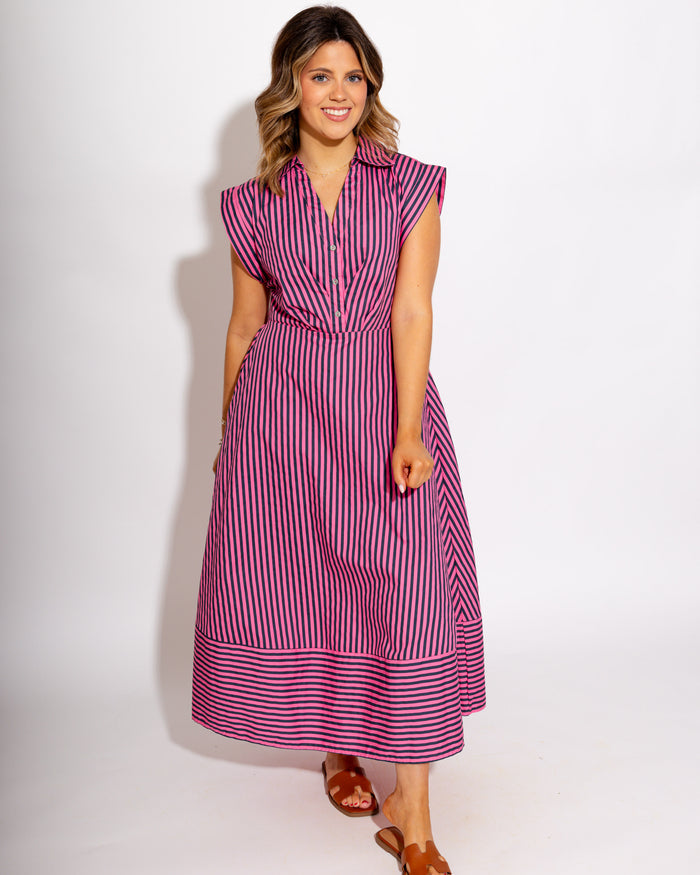 Striped Cap Sleeve Midi Dress in Pink