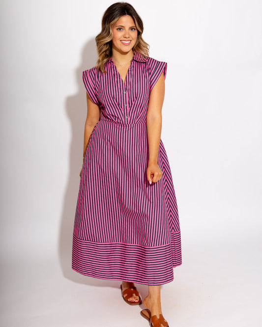 Striped Cap Sleeve Midi Dress in Pink