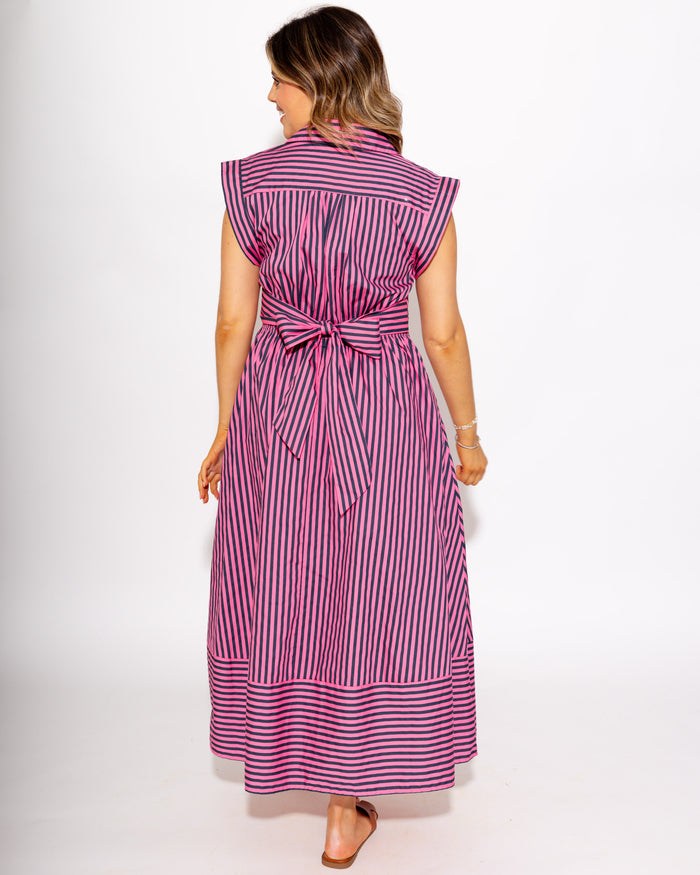 Striped Cap Sleeve Midi Dress in Pink