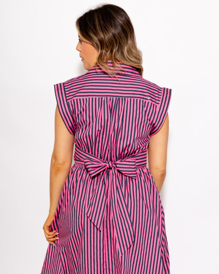 Striped Cap Sleeve Midi Dress in Pink