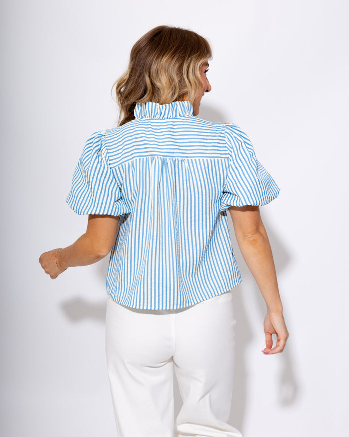 Striped Ruffled Button Up Top in Azule
