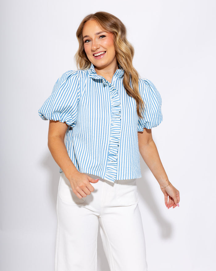 Striped Ruffled Button Up Top in Azule