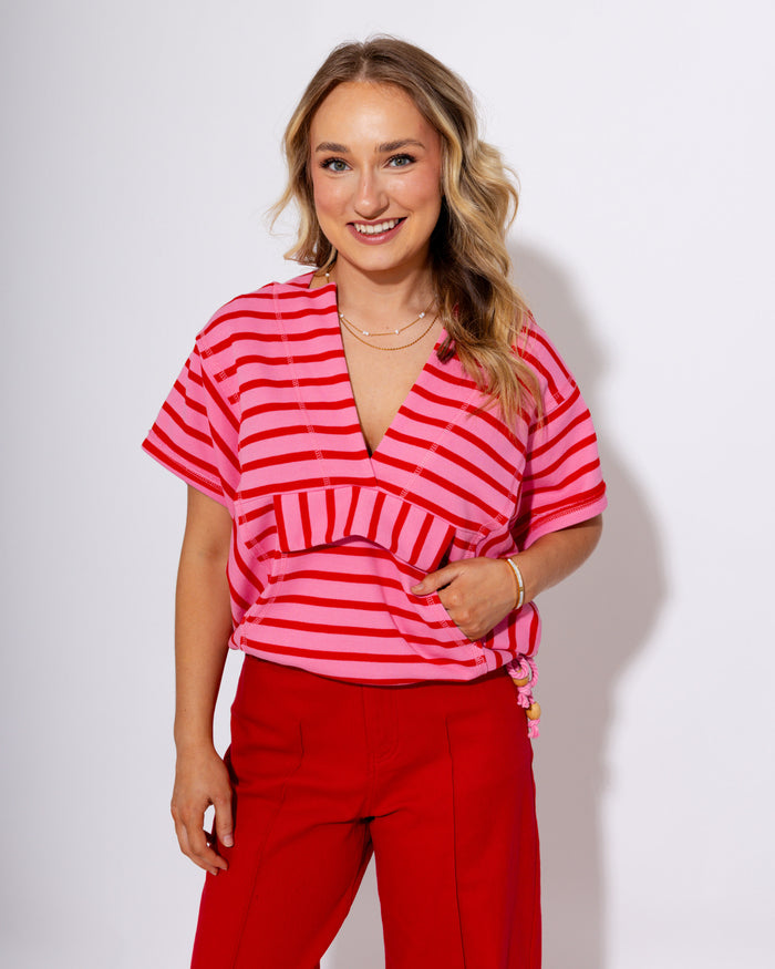 Striped Split Front Pocket Hoodie Top