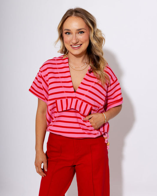 Striped Split Front Pocket Hoodie Top