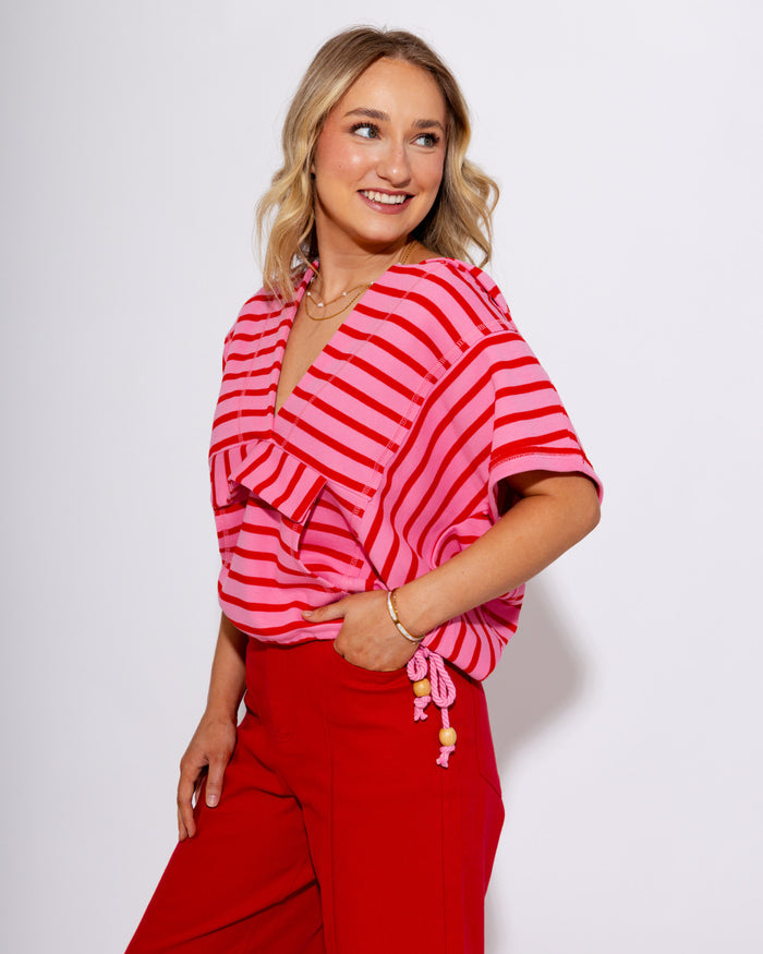 Striped Split Front Pocket Hoodie Top