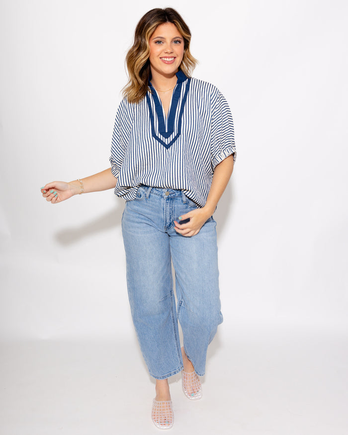 Striped Split Neck Dolman Top