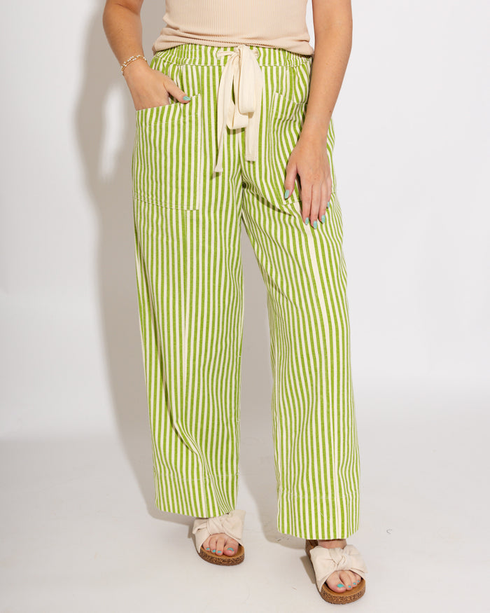 Summer Stripe Drawstring Pants in Sage/Natural