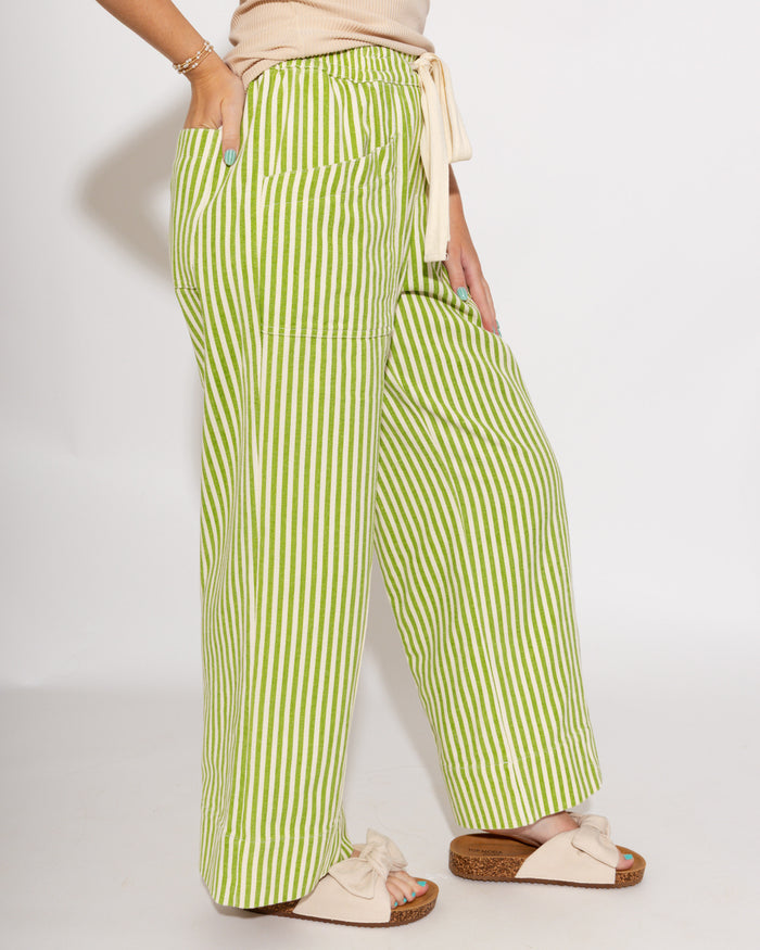 Summer Stripe Drawstring Pants in Sage/Natural