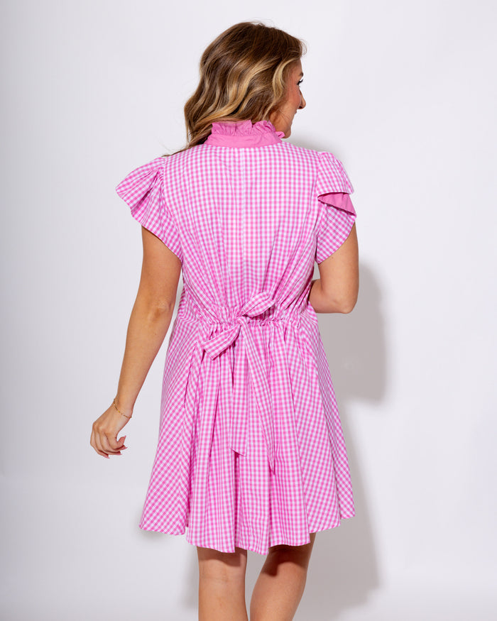 Pink Gingham Flutter Sleeve Mini Dress - Entro - Gaudie & Co. Nederland TX Boutique