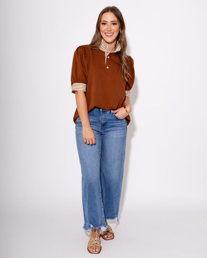 The Ruffle Stripe Knit Top in Brown