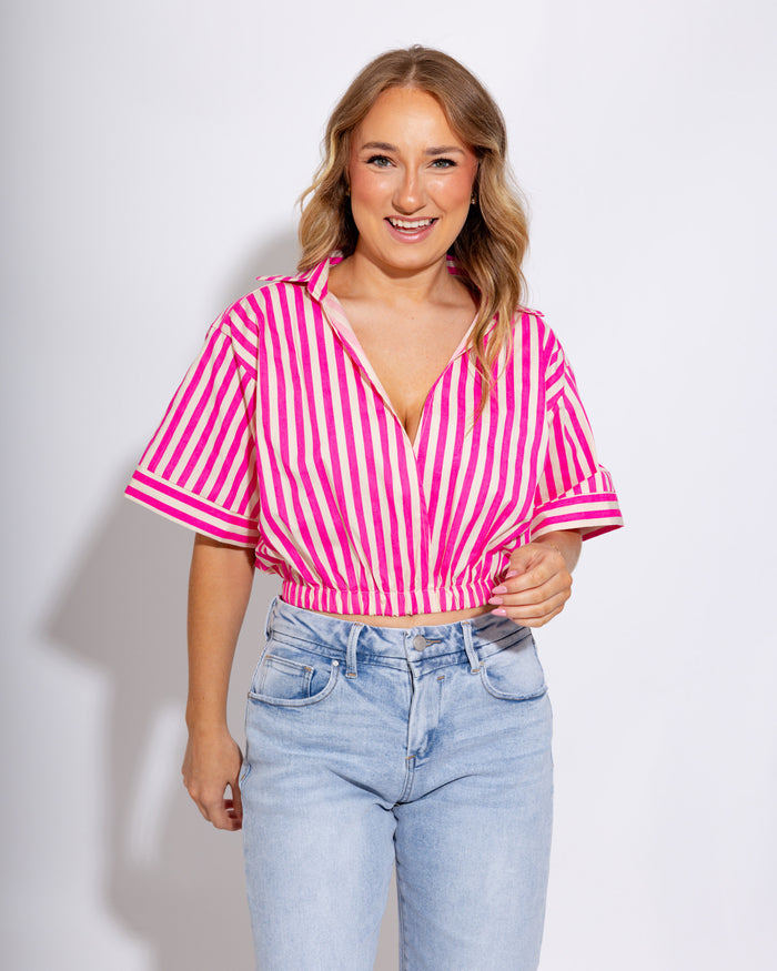 Hot Pink White Stripe Crop Top - Glam - Gaudie & Co. Southeast Texas Boutique