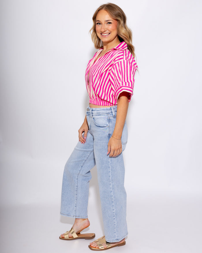 Hot Pink White Stripe Crop Top - Glam - Gaudie & Co. Southeast Texas Boutique