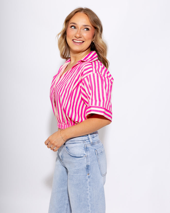 Hot Pink White Stripe Crop Top - Glam - Gaudie & Co. Southeast Texas Boutique