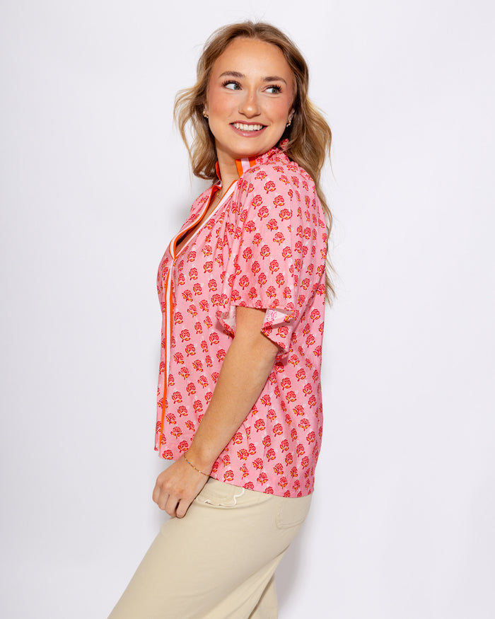 THML | Floral Contrast Trim Top