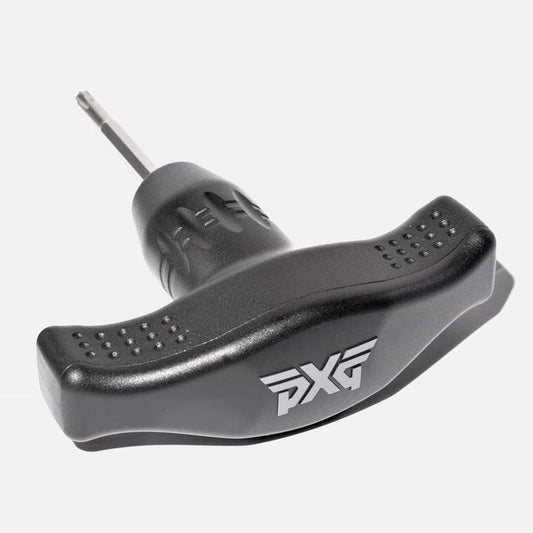 PXG black and chrome golf torque tool with a PXG logo on top of the handle on a white background
