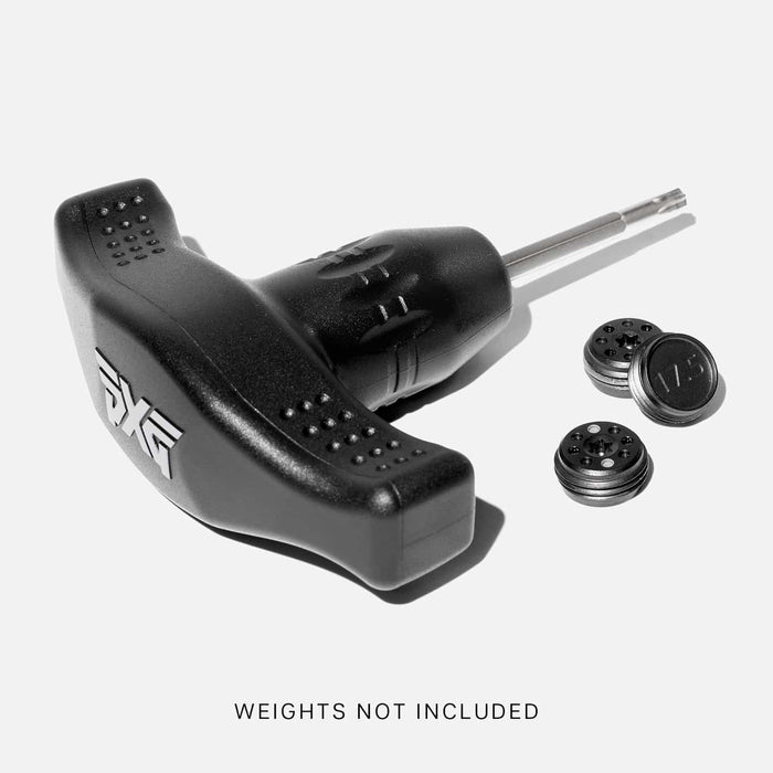 PXG black and chrome golf torque tool with a PXG logo on top of the handle on a white background