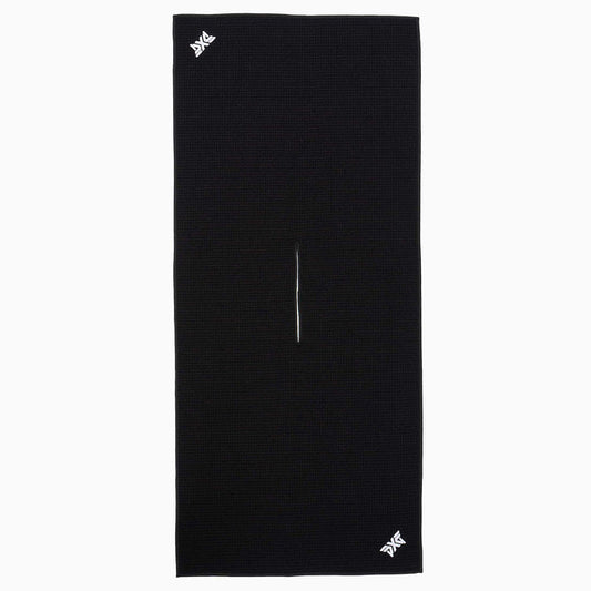 PXG black tour players golf towel on a white background