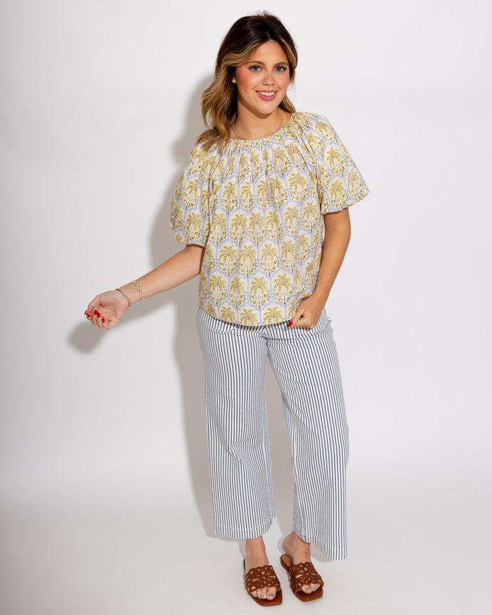 Tropical Palm Puff Sleeve Top