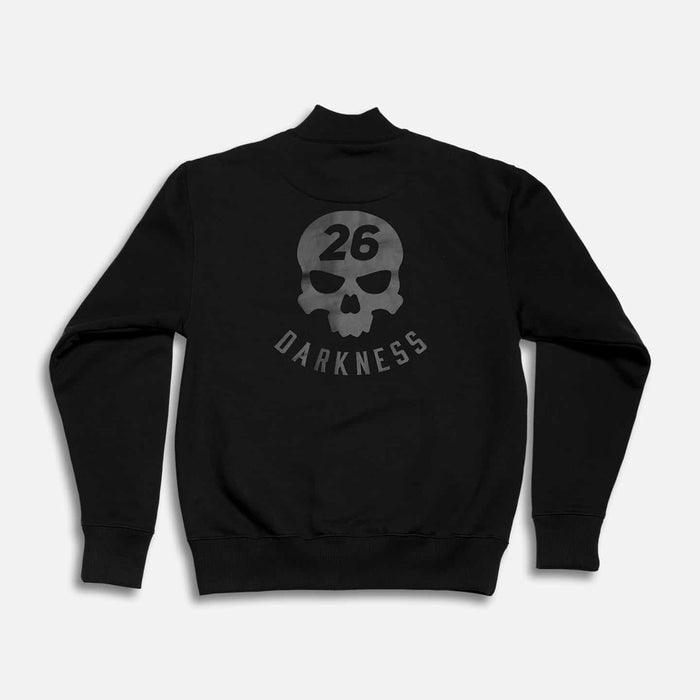 Unisex Darkness Track Jacket in Black, lay flat back view