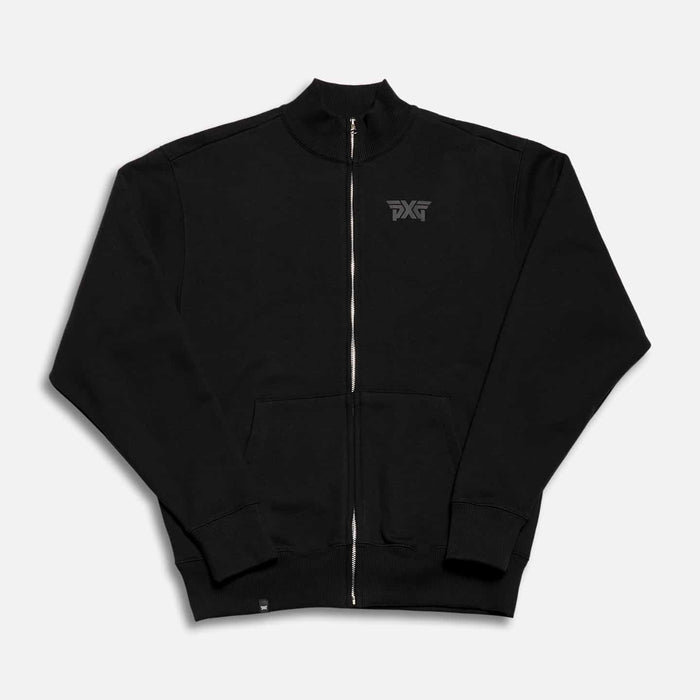 Unisex Darkness Track Jacket in Black, lay flat front view