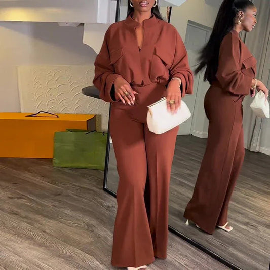 V-Neck Long Sleeve Polyester Top with Wide-Leg Trousers Suit in Light Brown & Purple - Allen-Fitness