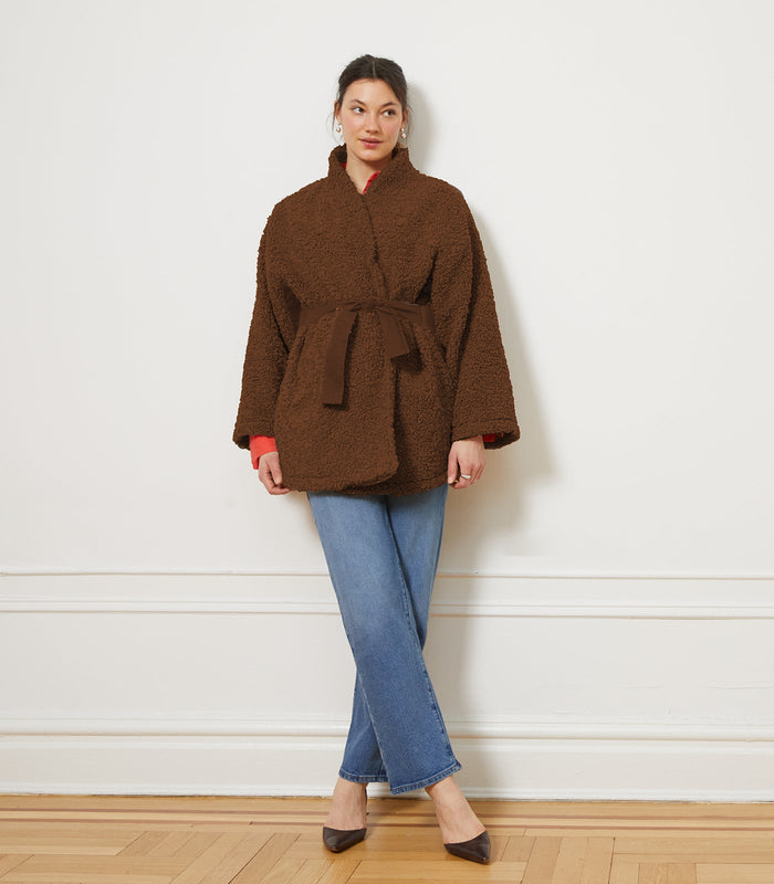 Valentina Sherpa Wrap Coat - Chocolate