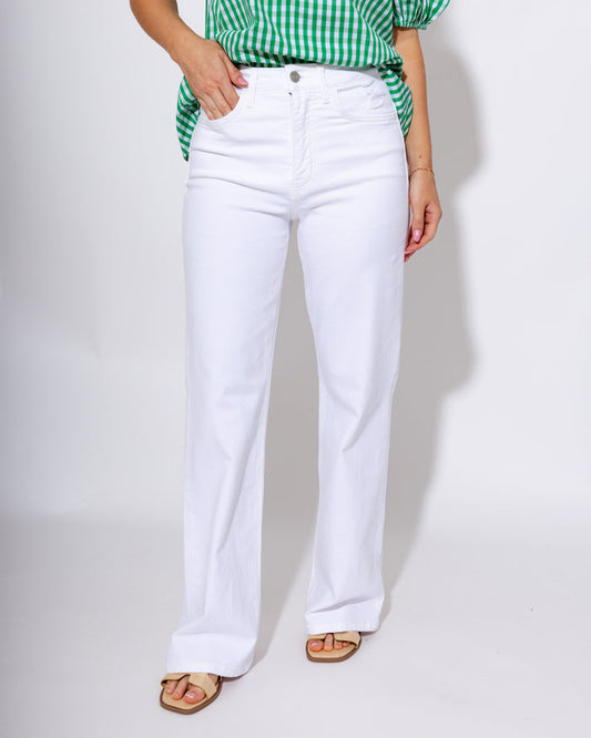 Vervet 90s vintage super high rise flare jeans with tummy control and distressed detailing in optic white, boutique denim at Gaudie & Co