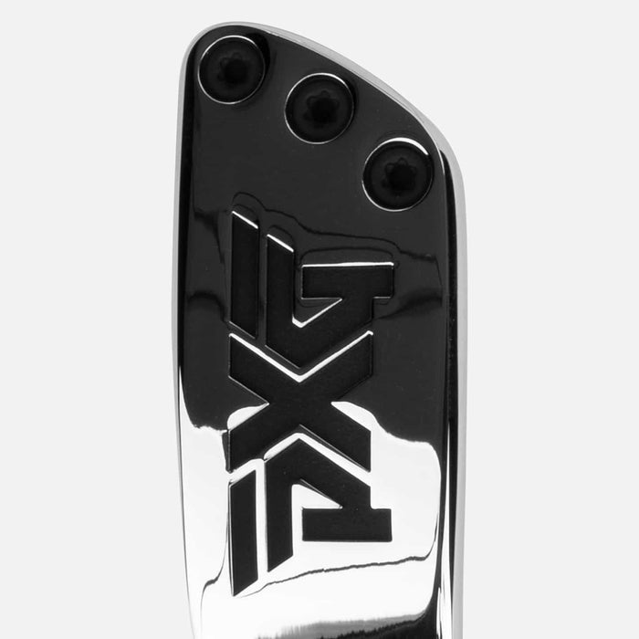 PXG chrome golf divot tool that is weighted and has a PXG logo on the handle and is on a white background