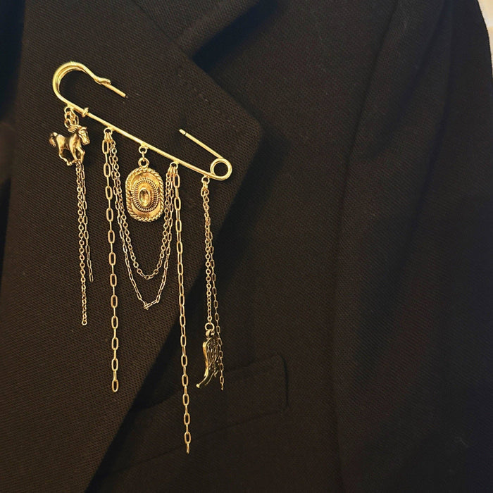 Western Charm Pin Brooch – Gold Safety Pin Style with Charms
