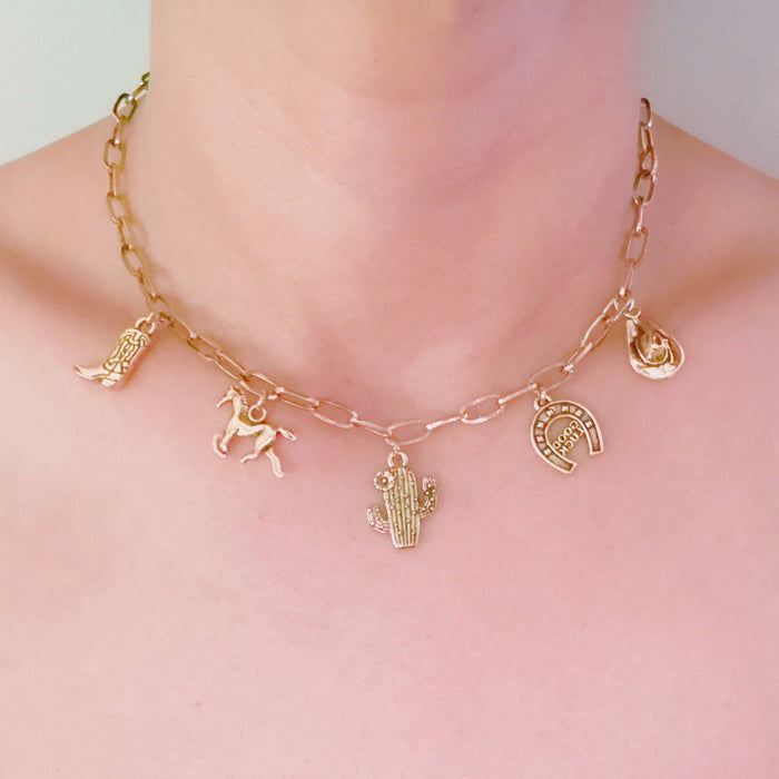 Western Cowgirl Charm Necklace – Cactus, Horseshoe & Boot