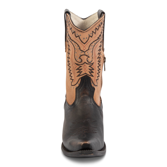 Front view showing winged embroidered detailing and silver stud accents on FREEBIRD women's Westrose black boot