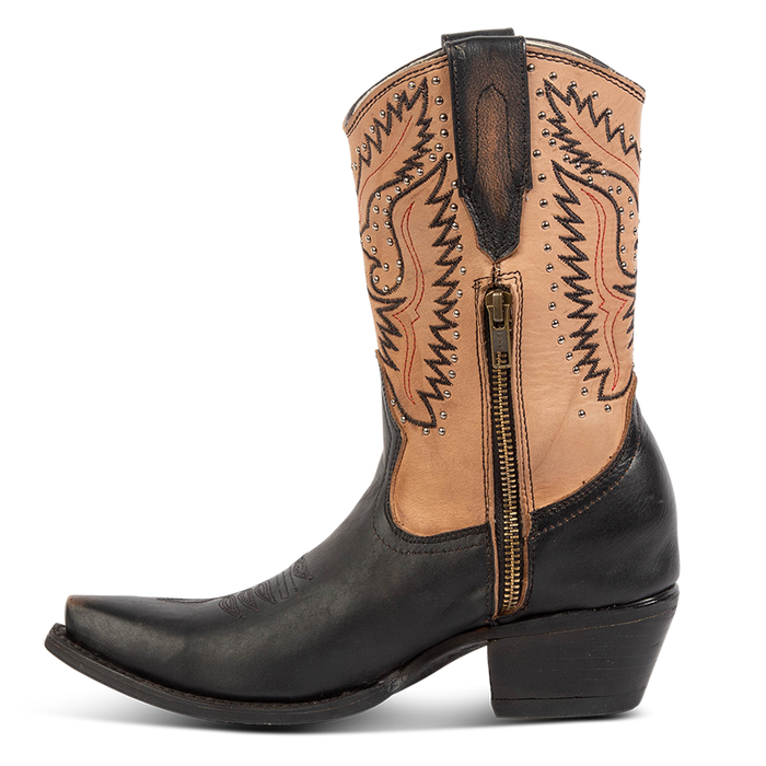 Side view showing leather pull tabs and working brass half zip closure on FREEBIRD women's Westrose black boot
