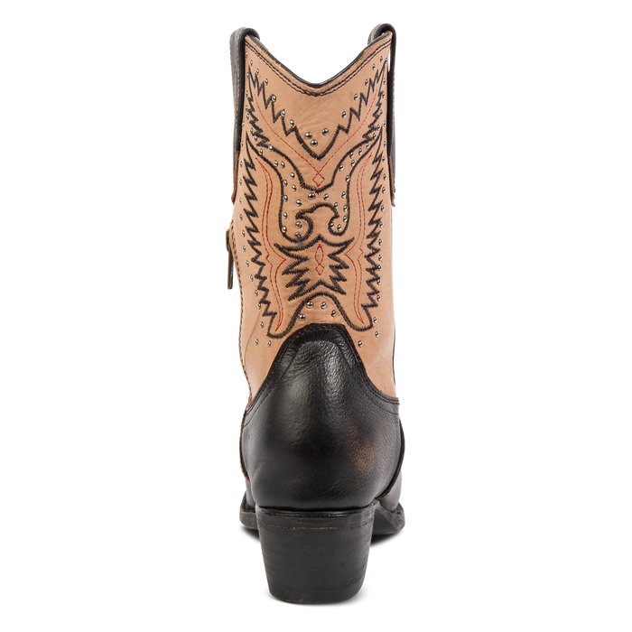 Back view showing low stacked heel and silver stud detailing on FREEBIRD women's Westrose black boot
