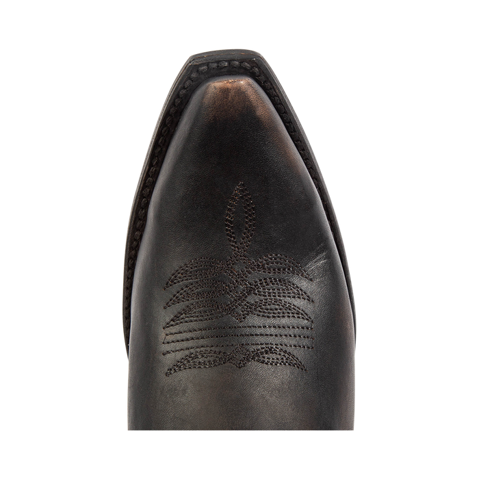Top view showing snip toe construction and tox box stitching on FREEBIRD women's Westrose black boot