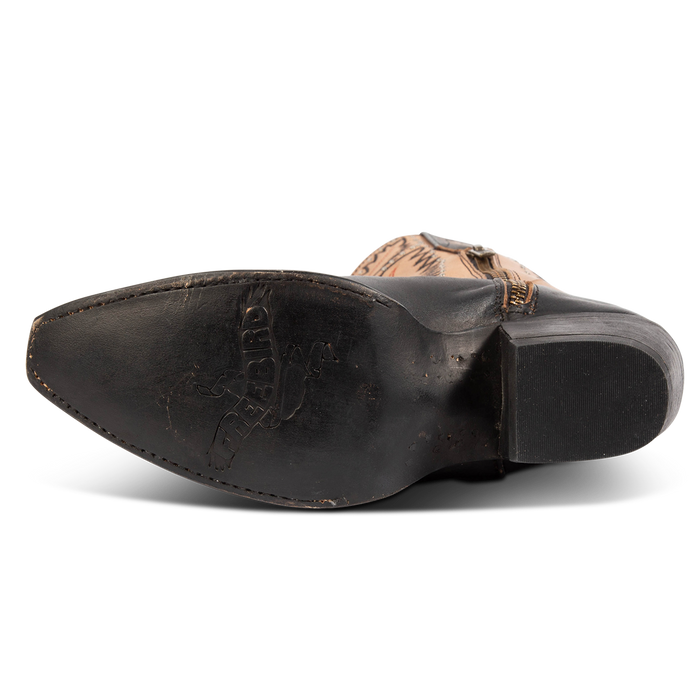 Leather sole imprinted with FREEBIRD on women's Westrose black boot