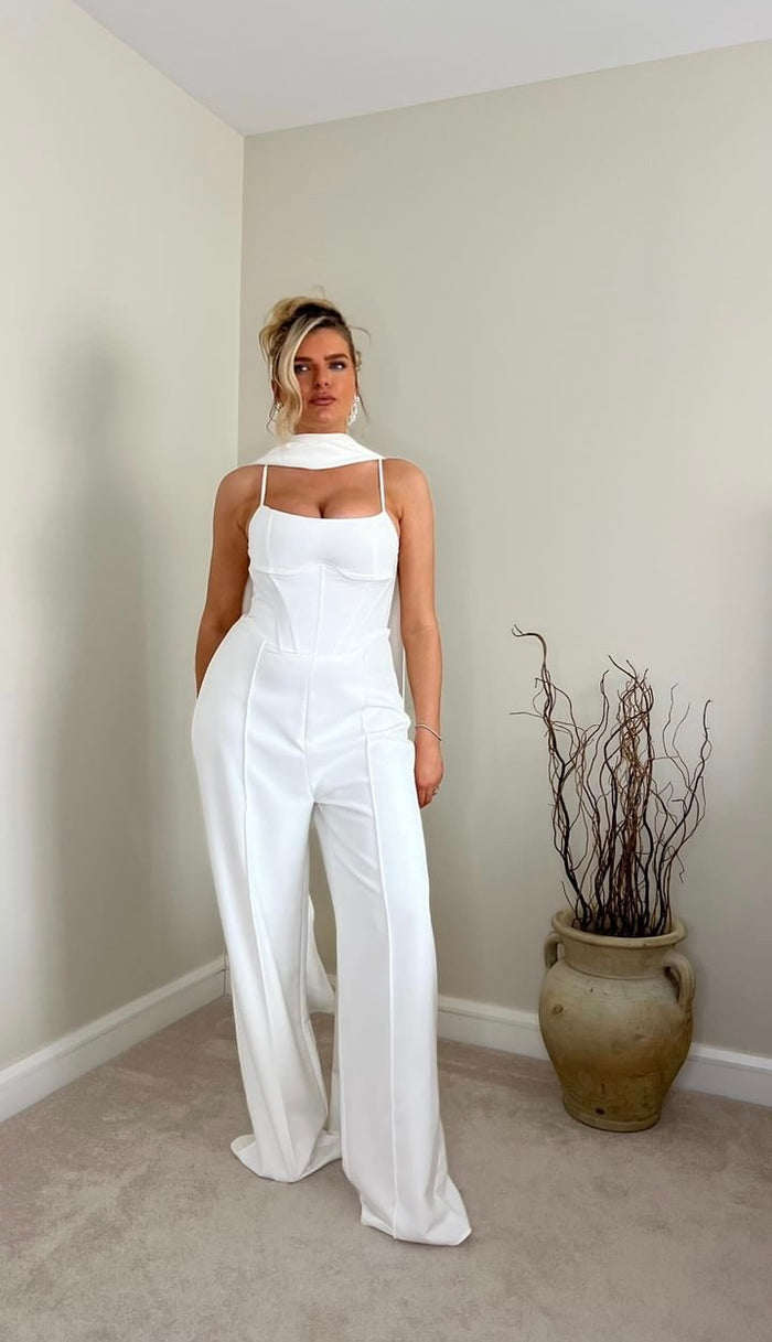 Winnie White Corset Jumpsuit With Statement Drape