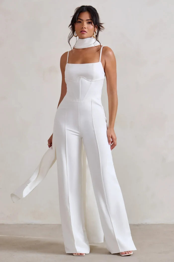 Winnie White Corset Jumpsuit With Statement Drape