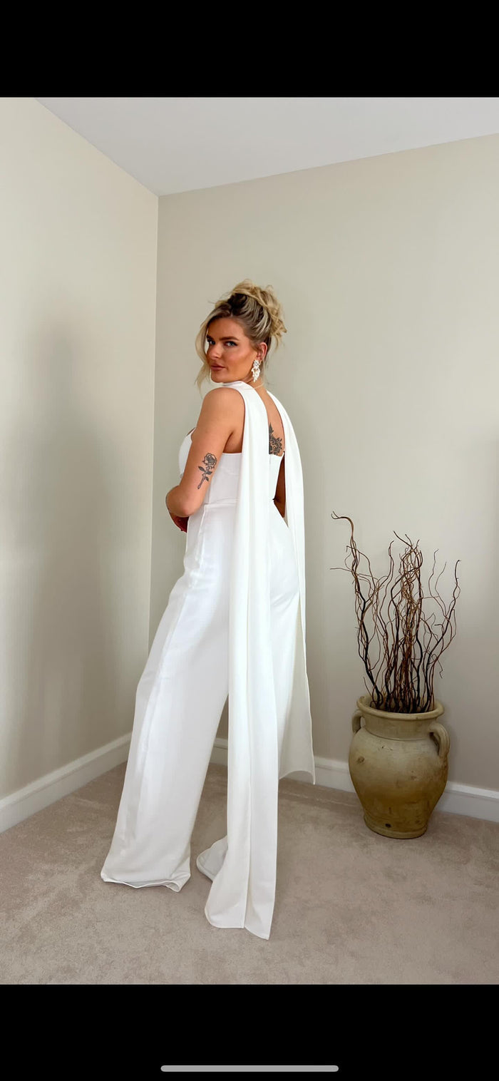 Winnie White Corset Jumpsuit With Statement Drape