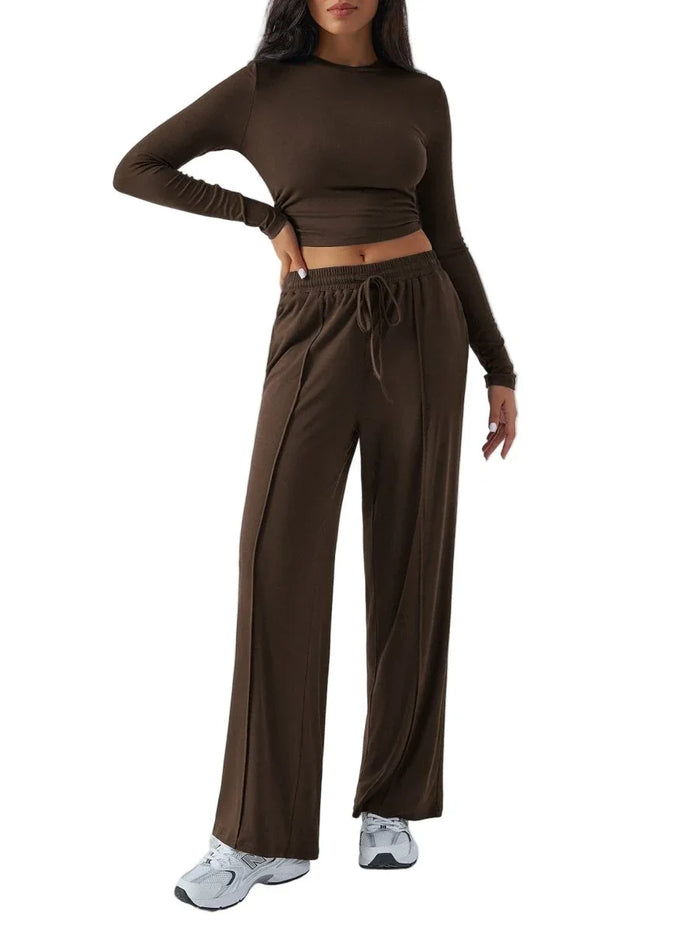 Women’s 2-Piece Wide-Leg Trousers Suit - Chic Solid Color Set for Casual Elegance - Allen-Fitness