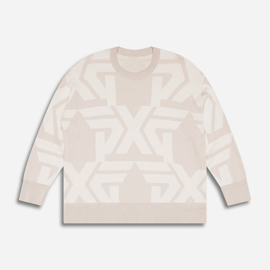 Women's All Over Logo Sweater in Oatmeal, lay flat front view