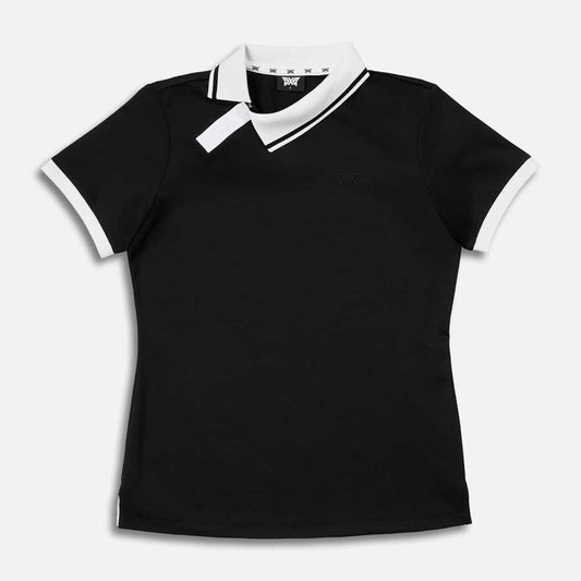 Women's Asymmetrical Snap Collar Polo in Black, lay flat view