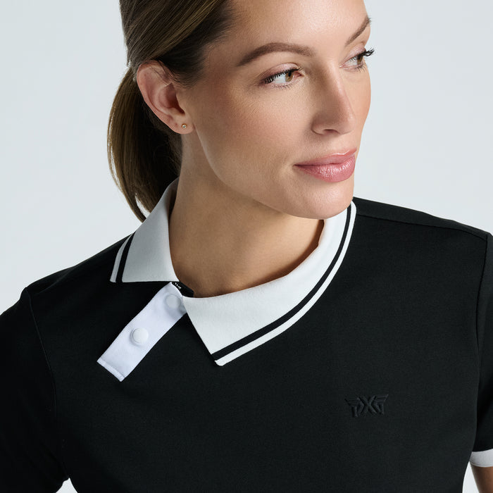 Women's Asymmetrical Snap Collar Polo in Black, side detail view