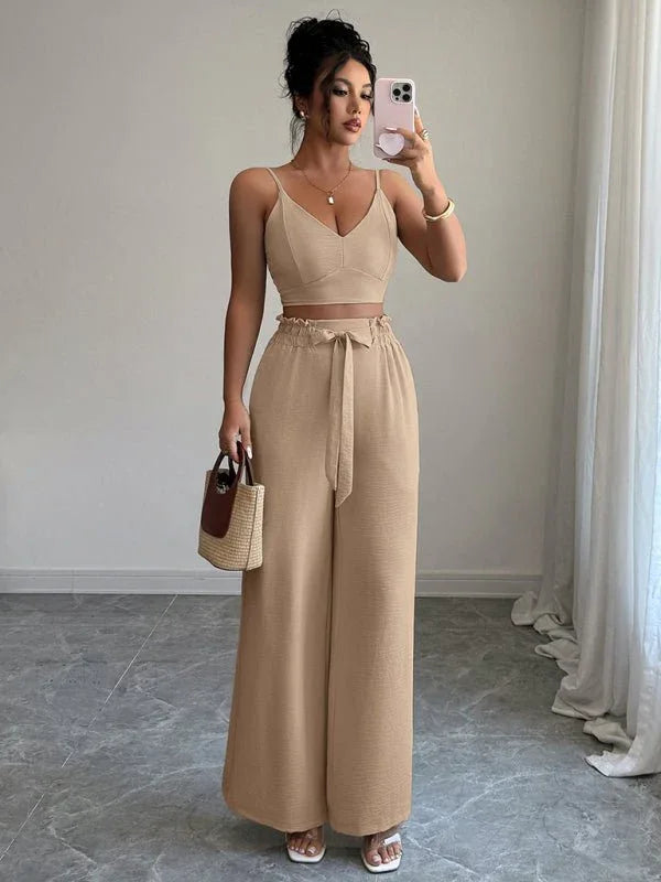 Light beige suspender vest wide-leg pants two-piece suit - Allen-Fitness