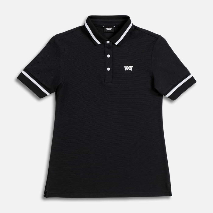 Women's Contrast Sleeve Polo in Black, lay flat view
