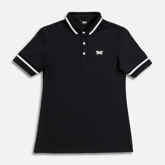 Women's Contrast Sleeve Polo in Black, lay flat view