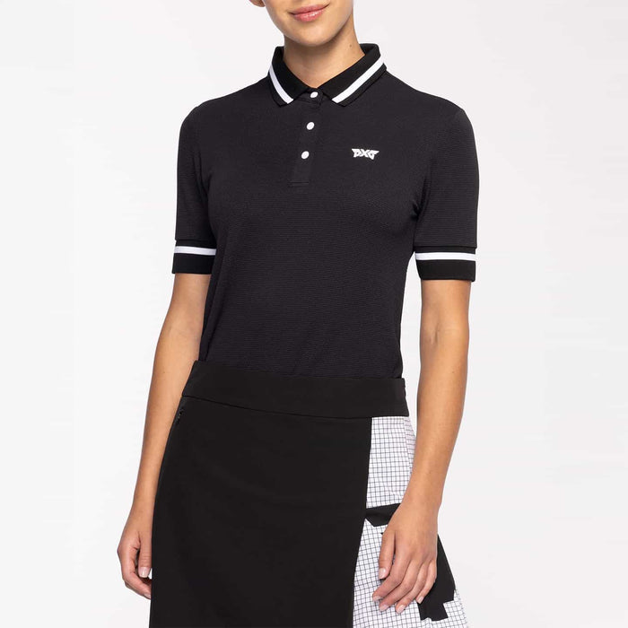 Women's Contrast Sleeve Polo in Black, front view