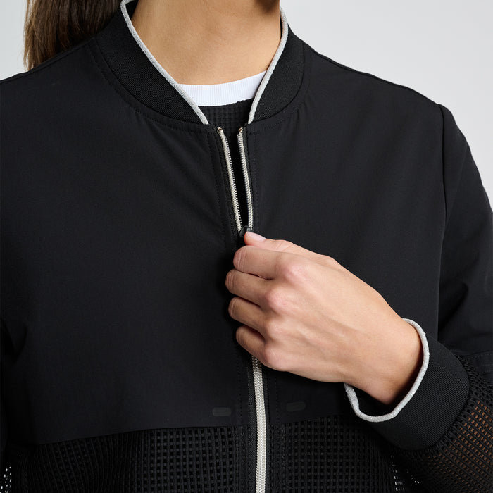 Women's Cosmic Double Layer Jacket in Black, front detail view