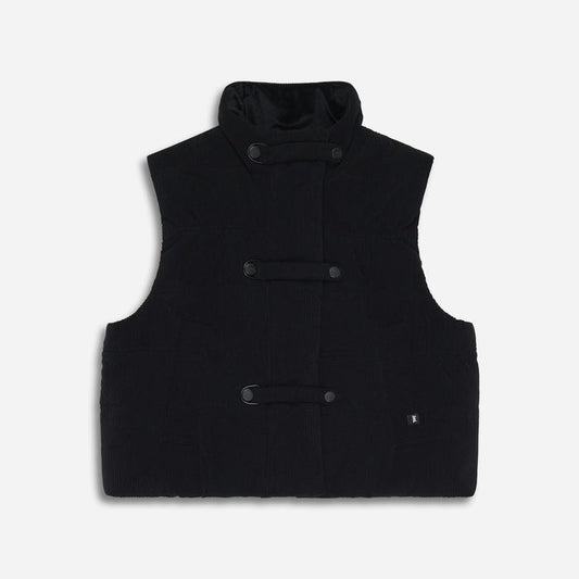 Women's Cozy Corduroy Puffer Vest in Black, lay flat front view