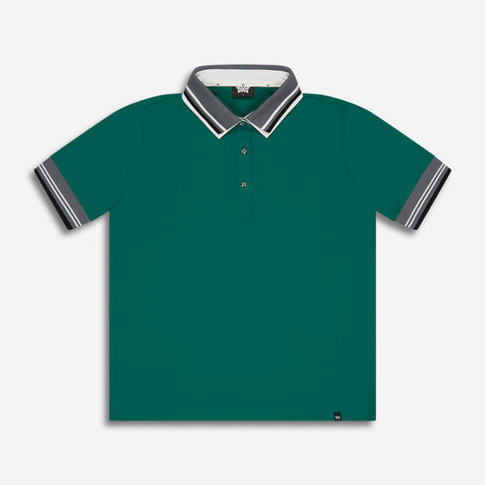 Women's Double Collar Ready To Play Polo in Evergreen Grove, lay flat front view